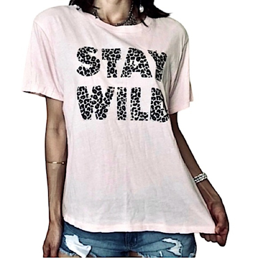 Wildfox Pink Leopard Print Stay Wild Graphic Tee light distress Large black tag